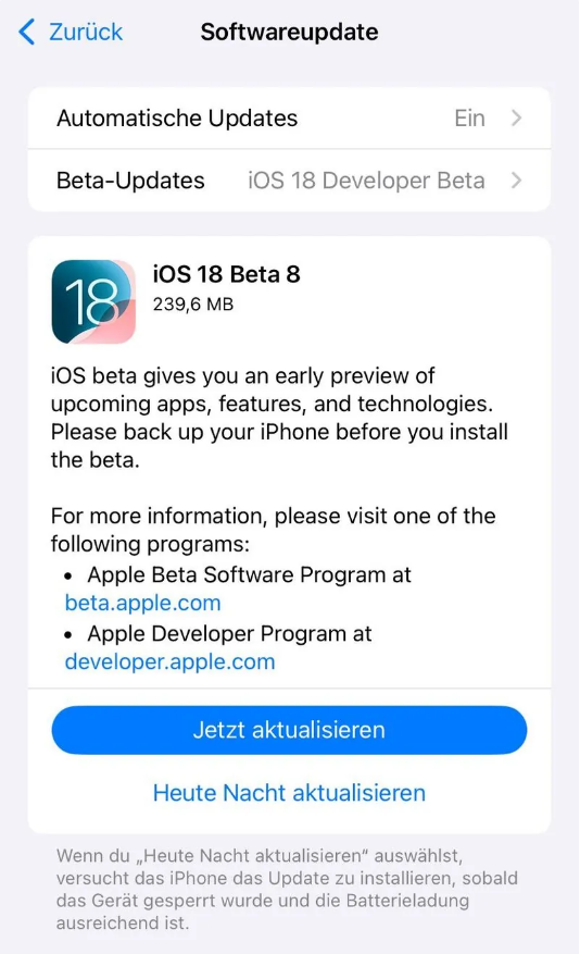 津市苹果手机维修分享苹果 iOS / iPadOS 18 开发者预览版 Beta 8 发布 